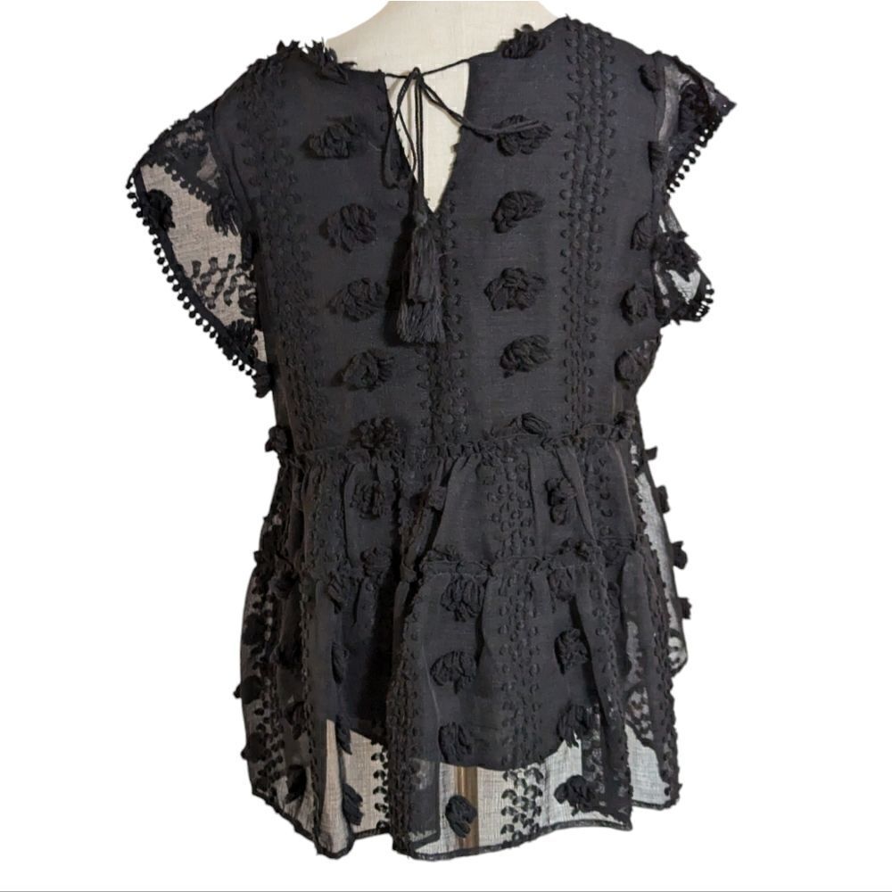 THML Black Boho Babydoll Sheer Embellished Top Blouse